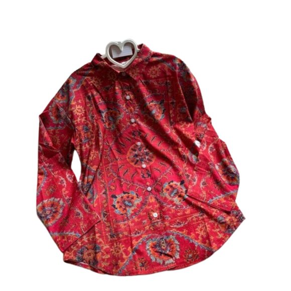 425. Red and Multi-Colored Button Down Pattern Top Size M - Picture 1 of 5